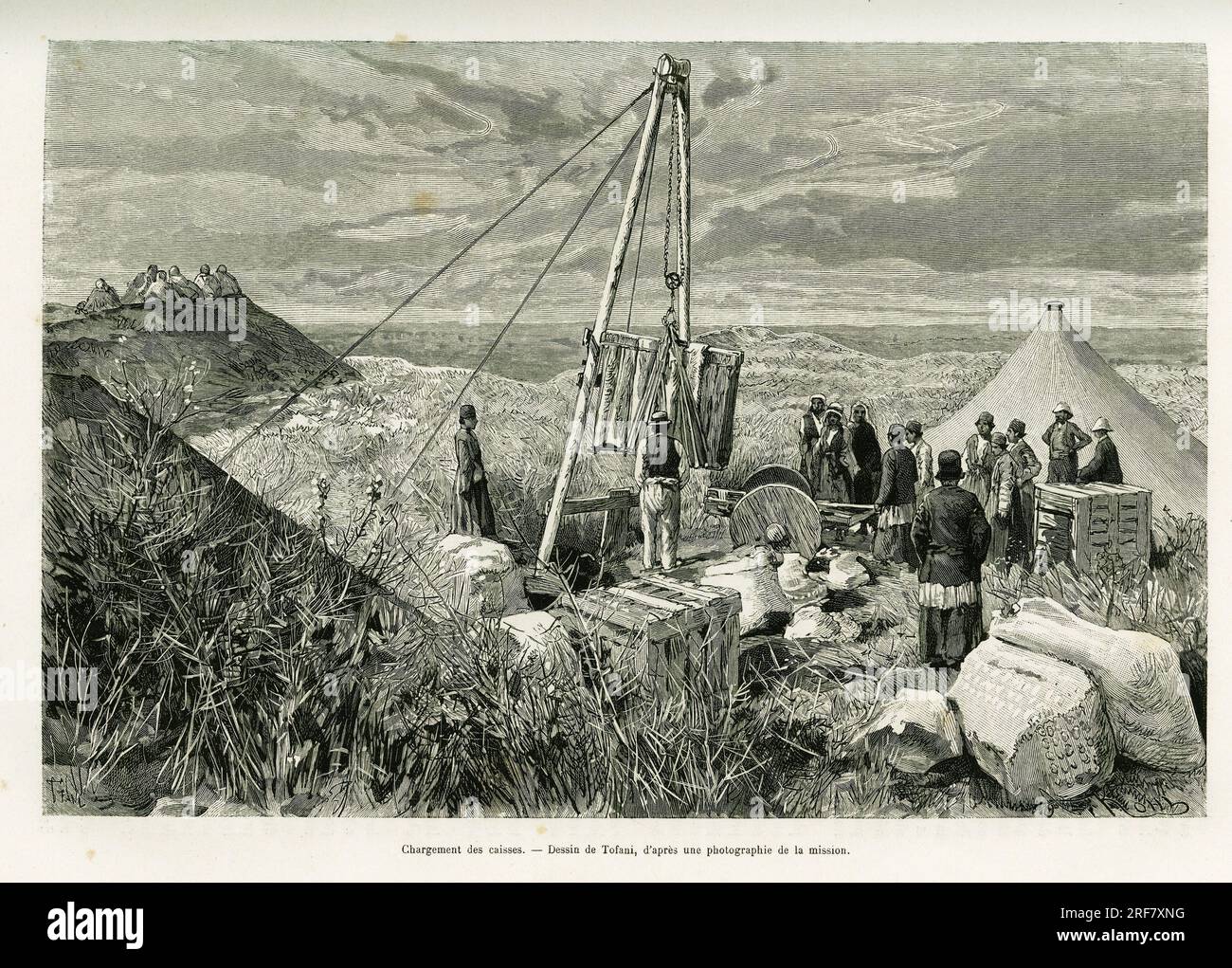 Chargement des caisses de fouilles archeologiques, Perse. Gravure de Tofani, pour illustrer le recit A SUSE, 1884-1886, Journal des fouilles, par Jane Dieulafoy, in le tour du monde 1888, sous la direction d'Edouard Charton ( 1807-1890), Hachette, Parigi. Foto Stock