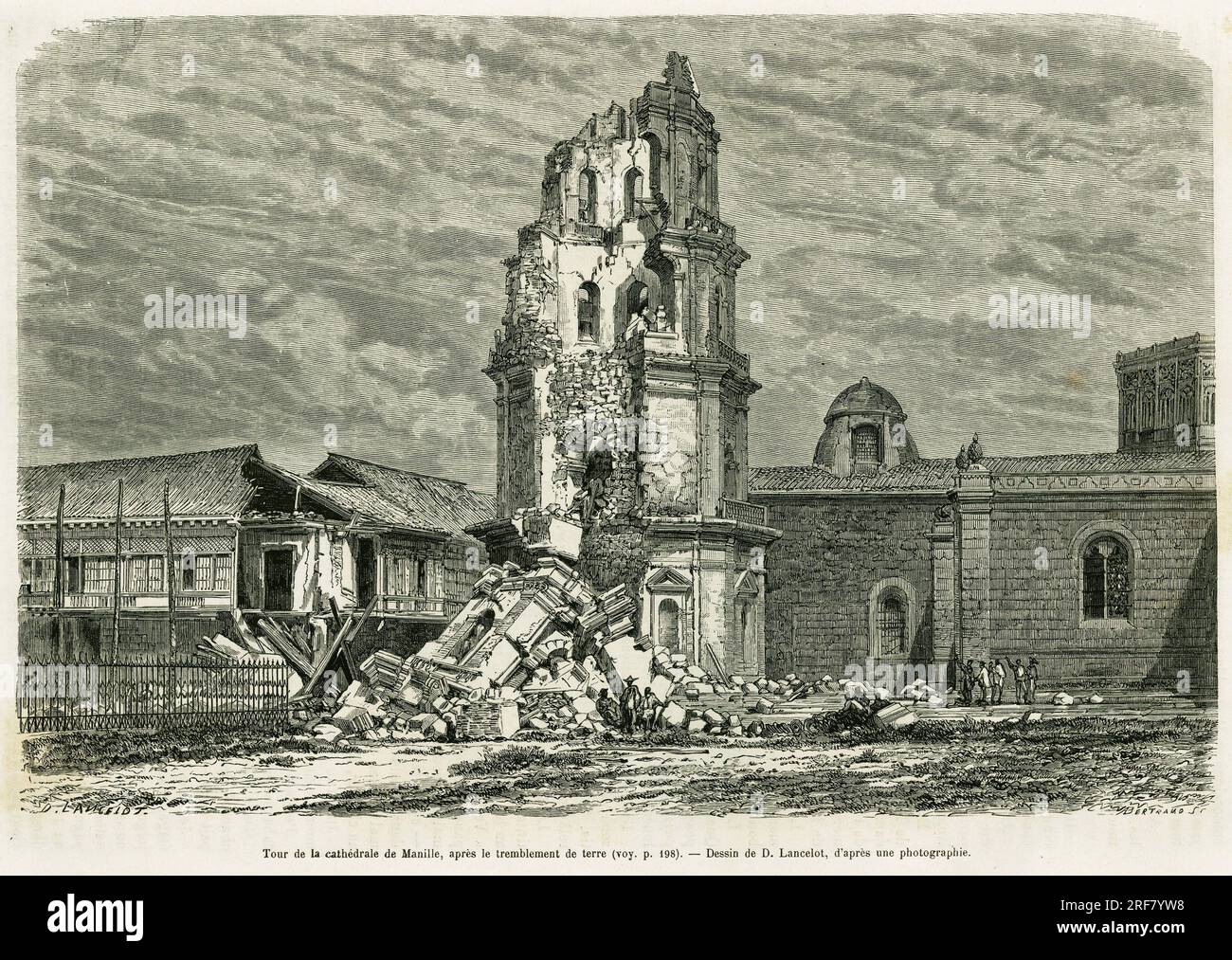 Tour de la cathedrale de Manille, apres le tremblement de terre le 18 luglio 1880. Gravure de Lancelot pour illustrer le recit Lucon et Palaouan, Six annees aux Philippines, par Alfred Marche (1844-1898), in le tour du monde 1886, sous la direction d'Edouard Charton (1807-1890), Hachette, Parigi. Foto Stock