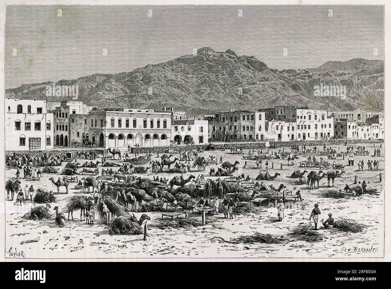 Le marche d'Aden (Yemen). Gravure de Taylor, pour illustrer le recit ' Voyage chez les Benadir, les somalis et les Bayoun', en 1882- 1883, par M.G.Revoil. Publie dans le Tour du monde, nouveau Journal des voyages, 1er semestre 1885, sous la direction d'Edouard Charton (1807-1890), edizione Hachette, Parigi. Foto Stock