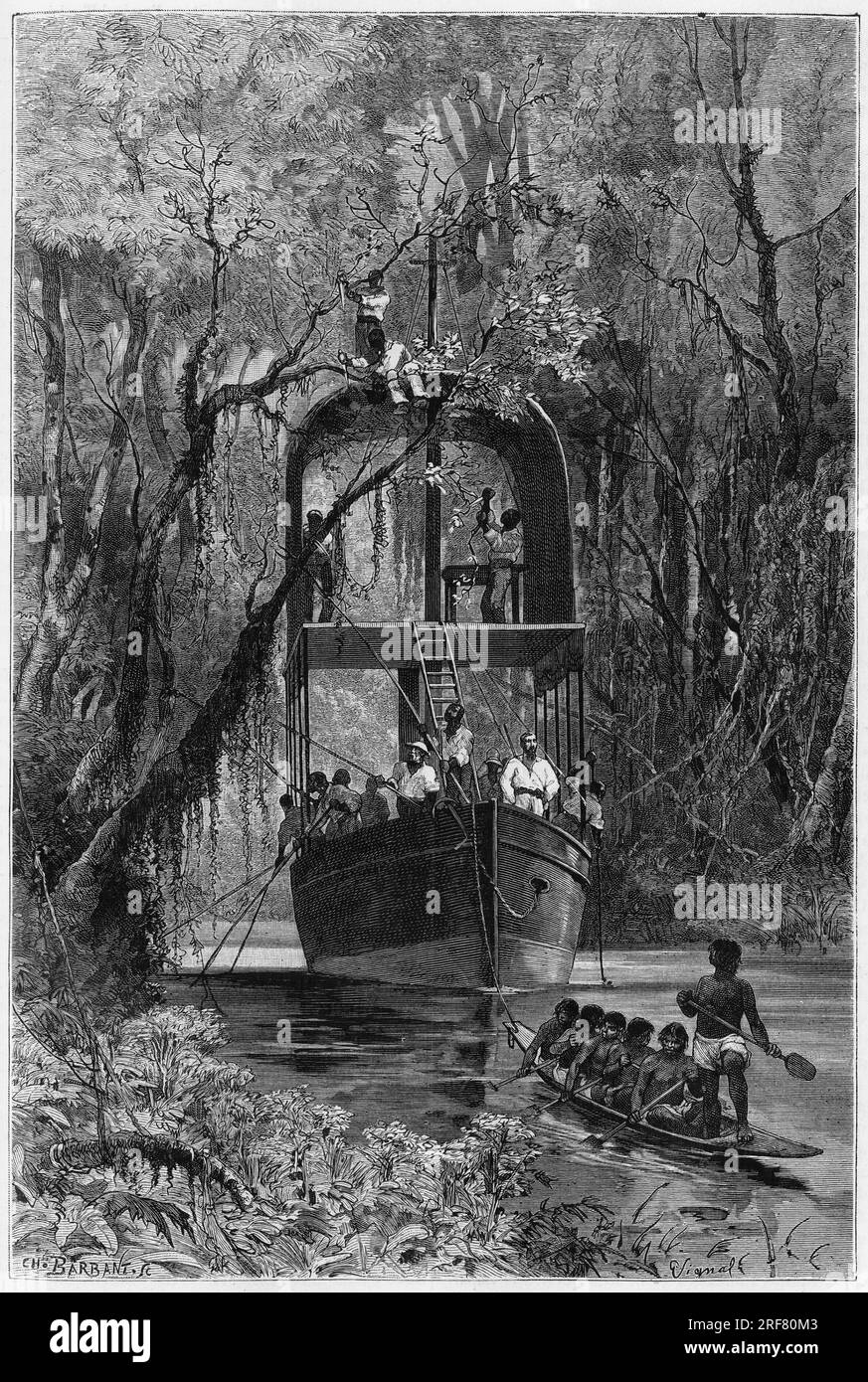 Chaloupe a etage, empruntee par l'Explorateur, pour descendre le haut Samiria (Perou). Gravure de Vignal, pour illustrer le recit 'Amazone et Cordilleres', en 1879-1882, par Charles Wiener (1851-1919), diplomate allemand. Publie dans le Tour du monde, nouveau Journal des voyages, 2e semestre 1884, sous la direction d'Edouard Charton (1807-1890), edizione Hachette, Parigi. Foto Stock