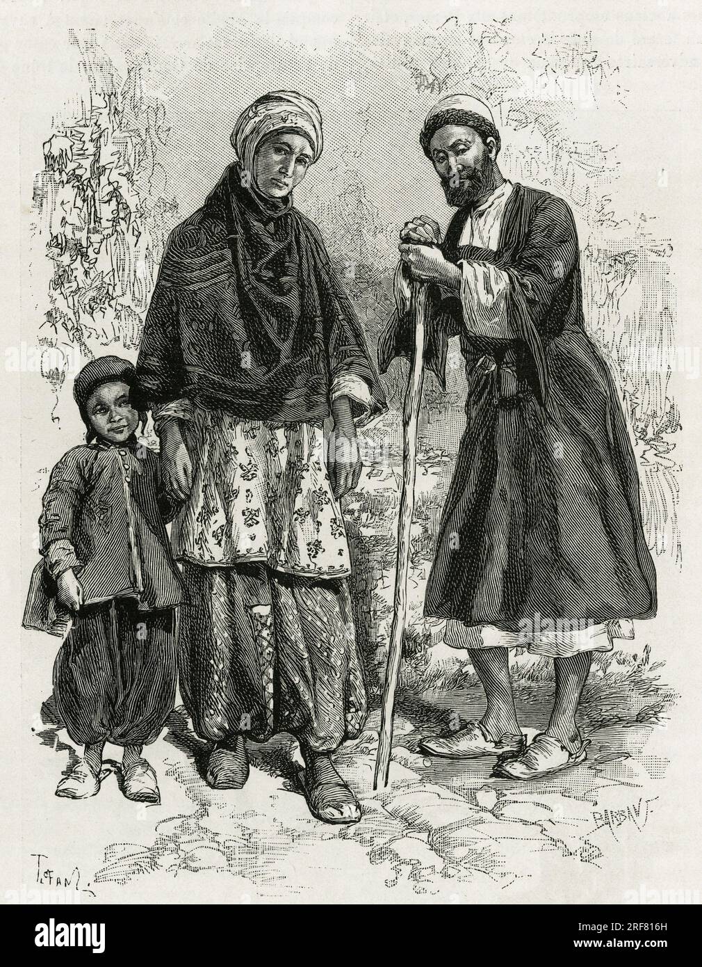 Une famille Guebre (pratiquants zoroastriens). Gravure de Tofani, pour illustrer le recit ' la Perse, la Chaldee et la Susiane', en 1881-1882, par Jane Dieulafoy ( nee Magre, 1851-1916) archeologo et ecrivain. Publie dans le Tour du monde, nouveau Journal des voyages, 1er semestre 1884, sous la direction d'Edouard Charton (1807-1890), edizione Hachette, Parigi. Foto Stock