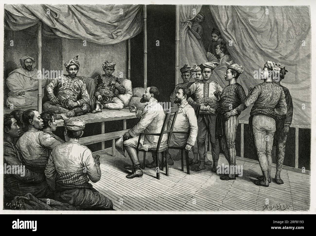 Reception des voyageurs au palais du sultan de Soulou ( ou Sulu) ( archipel des Philippines), Mohammed Yamalul Alam. Gravure de E.Ronjat, pour illustrer le recit ' Voyage aux Philippines', en 1879-1882, par le docteur J.Montano. Publie dans le Tour du monde, nouveau Journal des voyages, 1er semestre 1884, sous la direction d'Edouard Charton (1807-1890), edizione Hachette, Parigi. Foto Stock