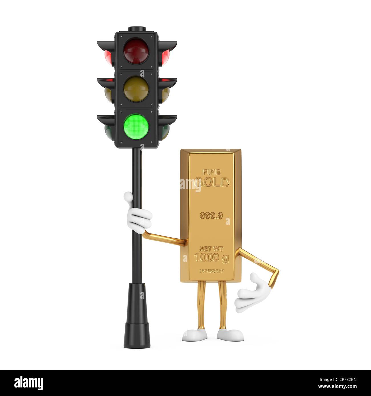 Personaggio personaggio personaggio fumetto Golden Bar Mascotte con semaforo verde su sfondo bianco. Rendering 3D. Foto Stock