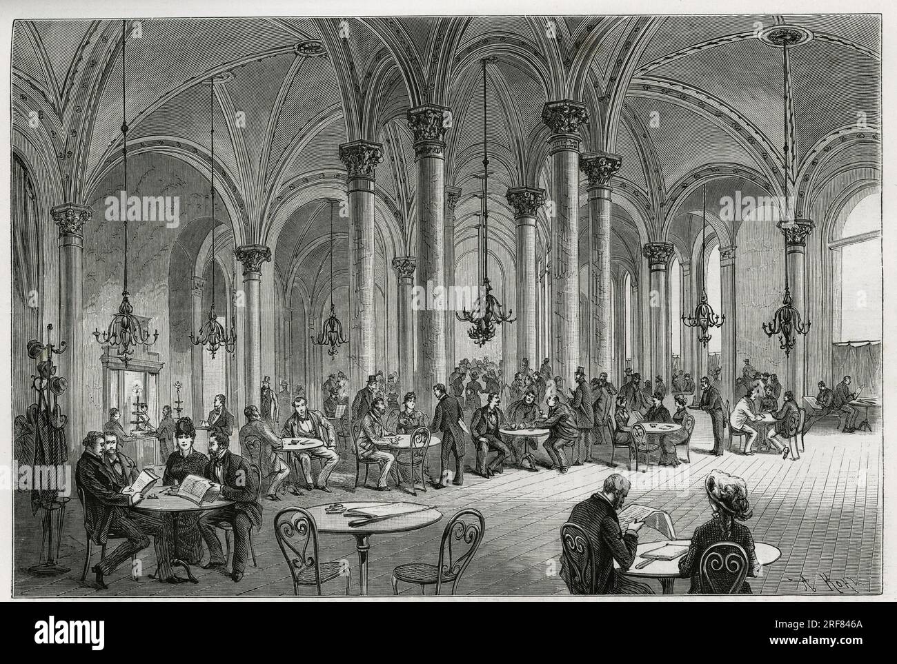 Le Cafe Central, a Vienne (Autriche). Gravure de Kollarz, pour illustrer le recit Vienne et sa banlieue, par M.Newlinski, en 1881, publie dans le Tour du monde, sous la direction d'Edouard Charton (1807-1890), 1881, Parigi. Foto Stock