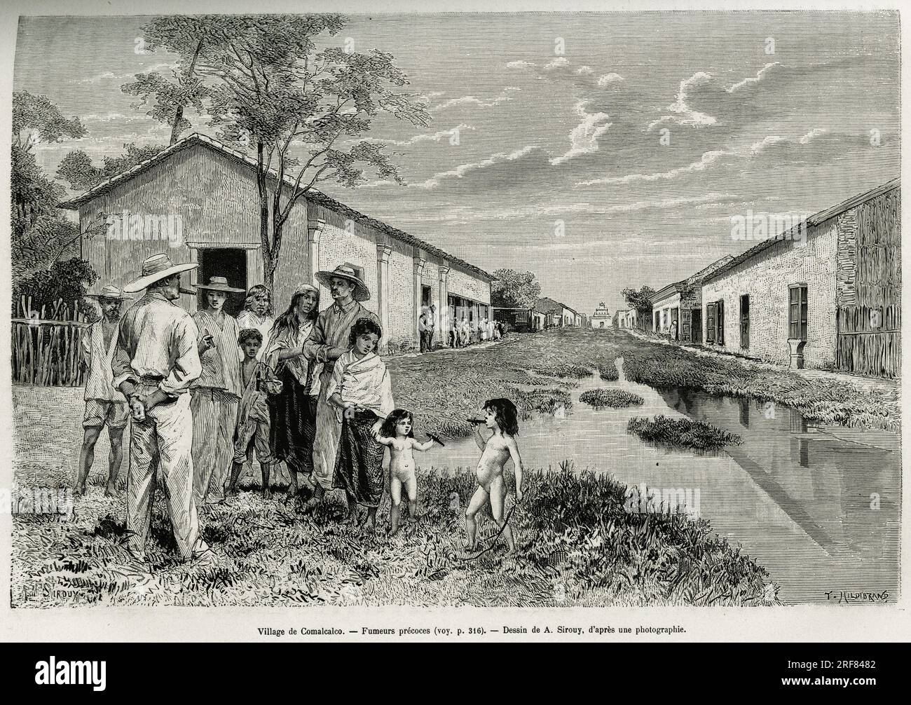 Village de Comalcalco, avec deux jeunes enfants fumeurs precoces. Gravure de A.Sirouy, pour illustrer le recit MES decouvertes au Mexique, par Desire Charnay, charge d'une mission scientifique par le ministere de l'instruction publique, en 1880, publie dans le Tour du monde, sous la direction d'Edouard Charton (1807-1890), 1881, Parigi. Foto Stock