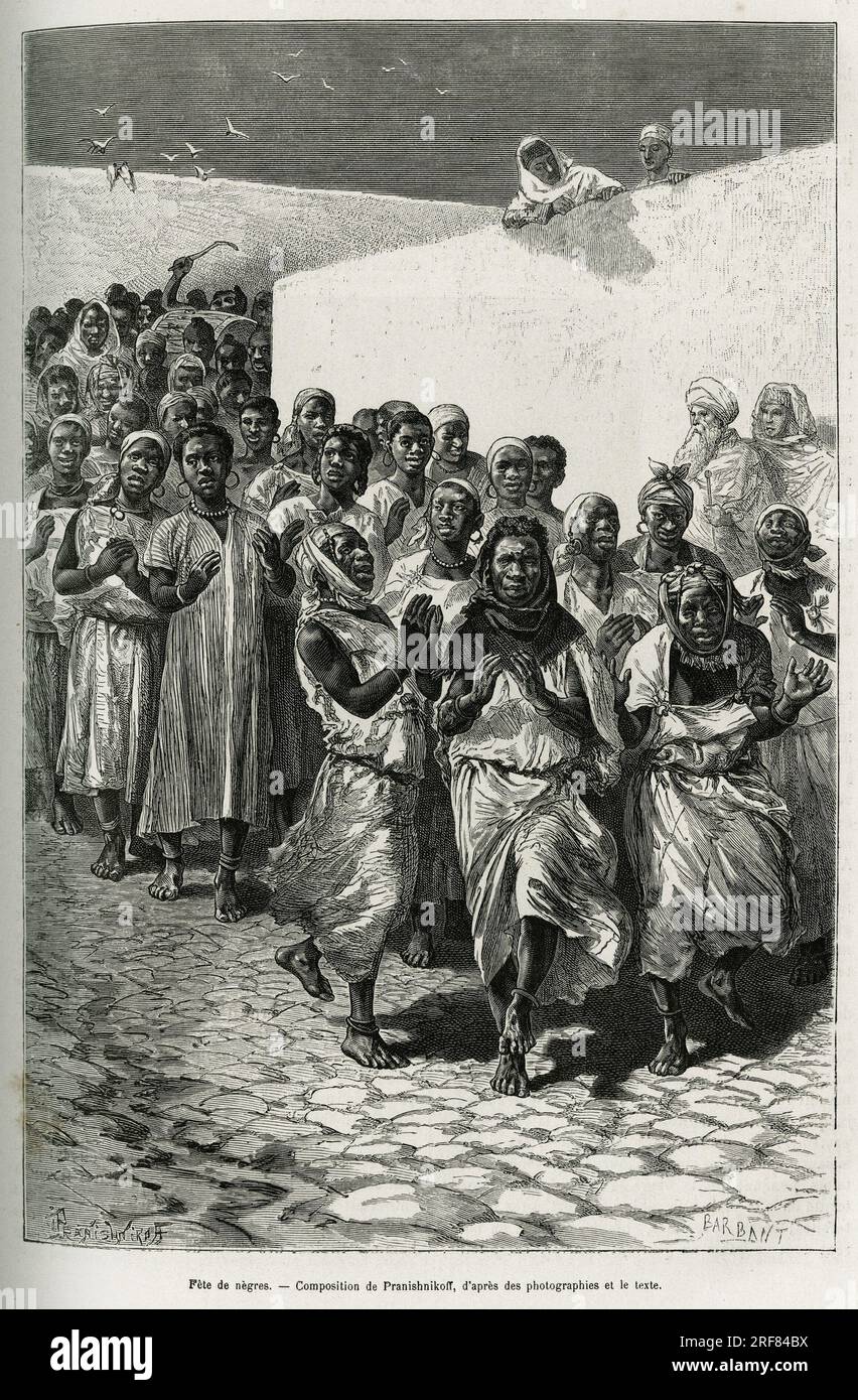 Festa de negres d'Ouarla, defilant en cadence dans les rues, a l'occasion d'un mariage. Gravure de Pranishnikoff, pour illustrer le Sahara algerien, par V.Largeau, en 1874-1878, publie dans le Tour du monde, sous la direction d'Edouard Charton (1807-1890), 1881, Parigi. Foto Stock