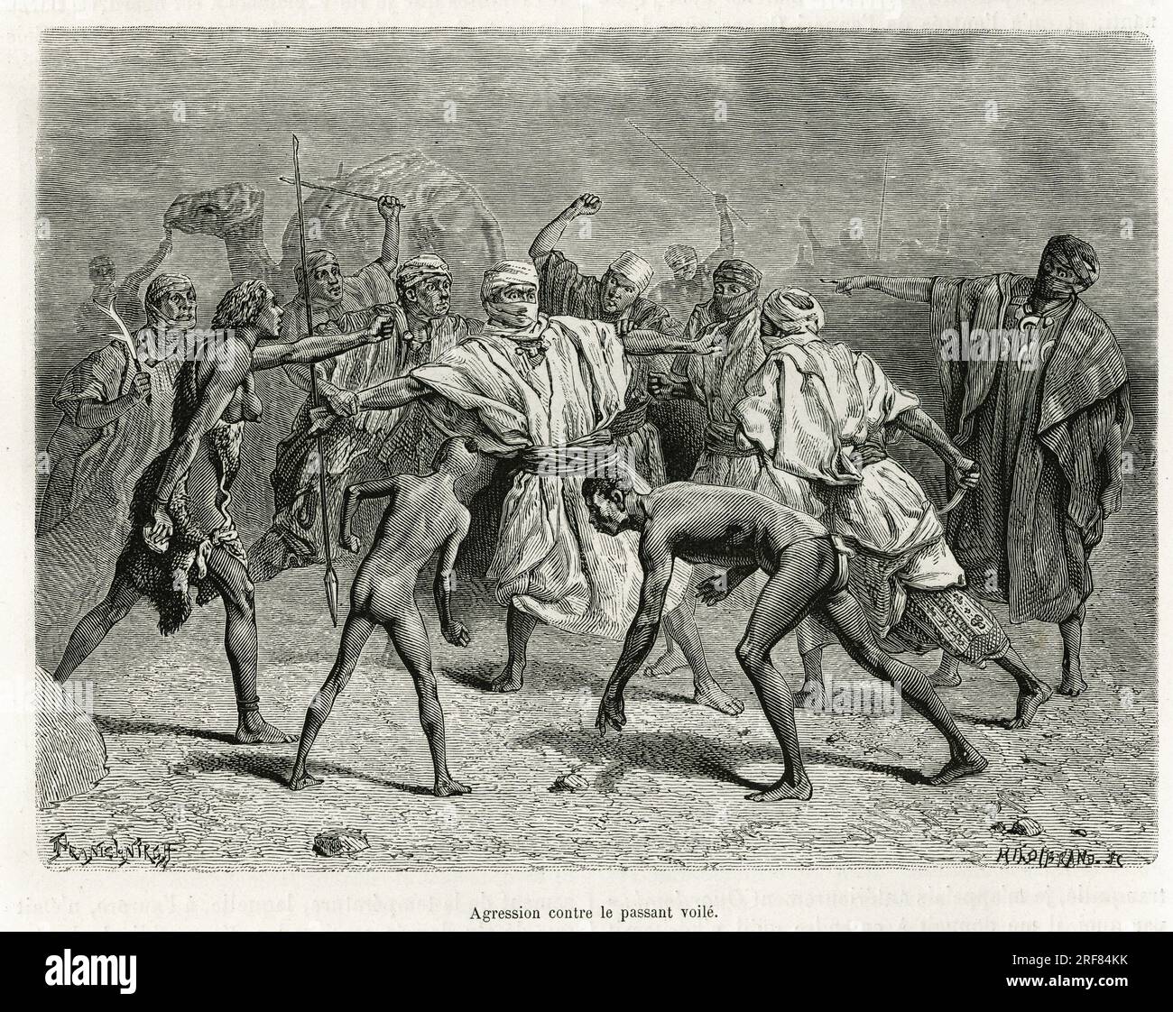 Agression contre un passant voile, selon la coutume des Toubous en voyage, ce voyageur inoffensif eveille la crainte des habitants du Tibesti qui se ruent sur lui s'appretant a le lapider, gravure d'apres un dessin de Yvan Pranishnikoff, pour illustrer le recit Deux mois au Tibesti ( Tchad), Par le docteur Gustave Nachtigal, de 1869 a 1873, publie dans le tour du monde, sous la direction d'Edouard Charton, 1880, Parigi. Foto Stock