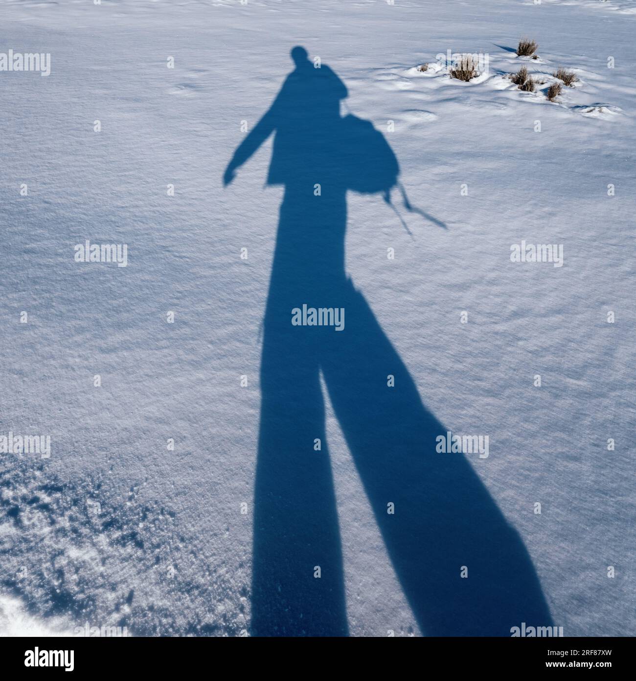 Uomo con borsa che cammina sull'ombra grandangolare della neve Foto Stock