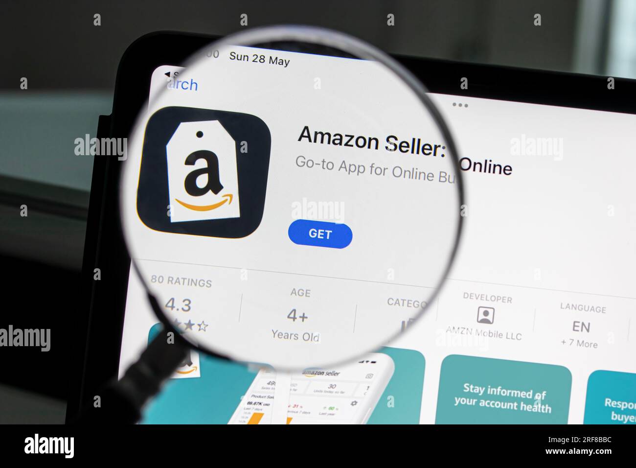 Ostersund, Svezia - 28 maggio 2023: App Amazon seller. Amazon è una multinazionale americana di tecnologia, che si concentra sull'e-commerce. Foto Stock