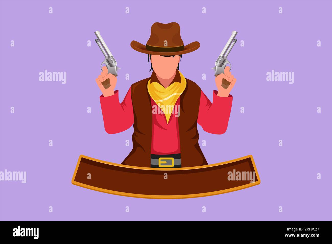 Disegno piatto del personaggio di cowboy americani stilizzati che reggono e alzano le sue due pistole. Vecchio pistolero del selvaggio West con due pistole. Armi d'epoca per Foto Stock
