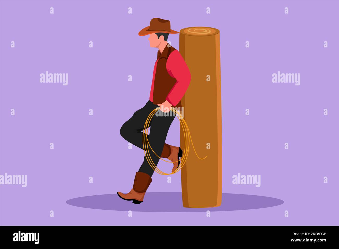 Stile piatto dei cartoni animati che disegna un uomo rilassante occidentale con cappello da cowboy e lazo appoggiato su una recinzione di legno. Stile di vita dei cowboy americani stilizzato al Livestock Hor Foto Stock