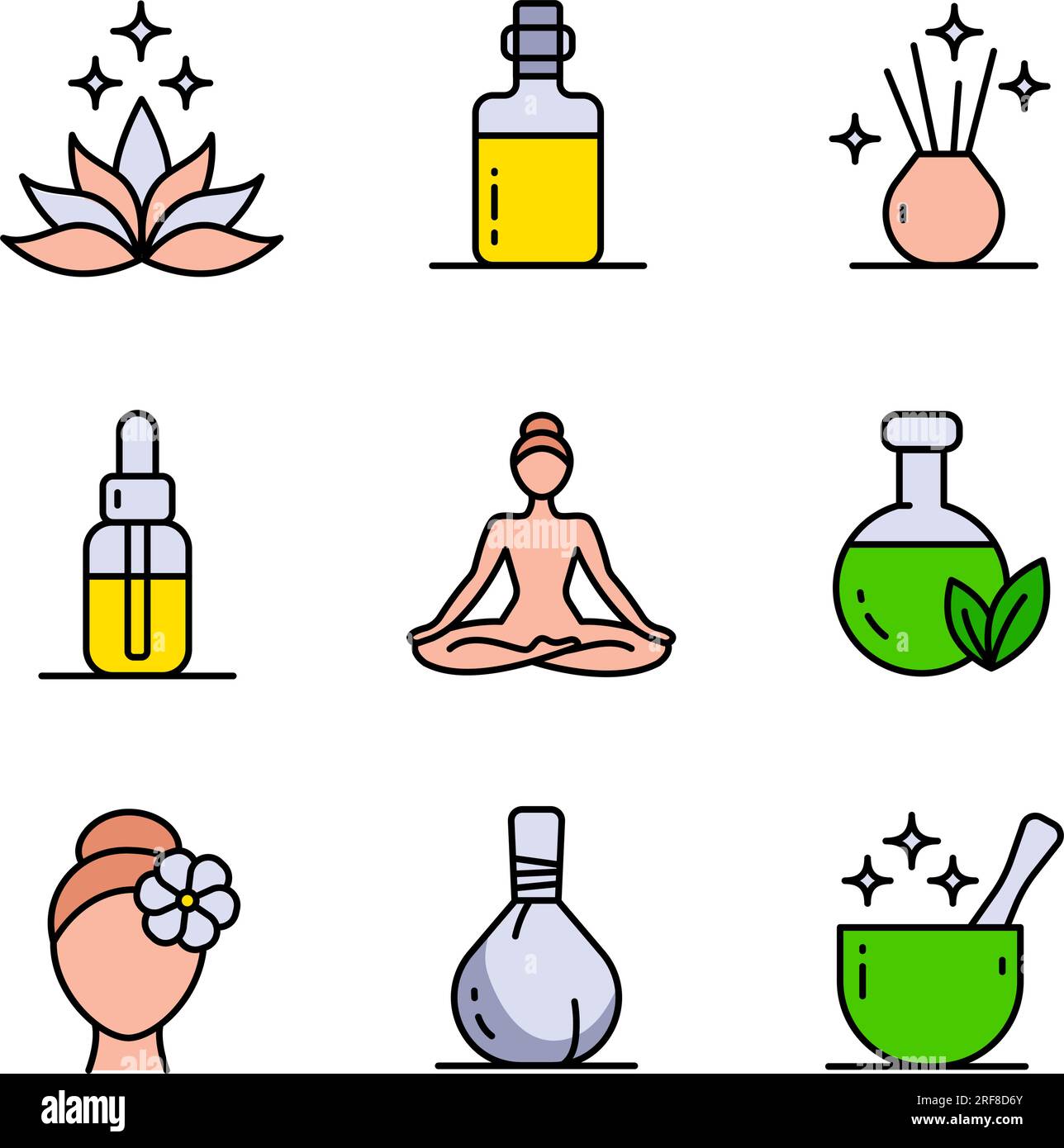 Set di icone colorate ayurveda. Semplice pittogramma illustrazione vettoriale raccolta ayurvedica con simboli di medicina alternativa sana. Illustrazione Vettoriale