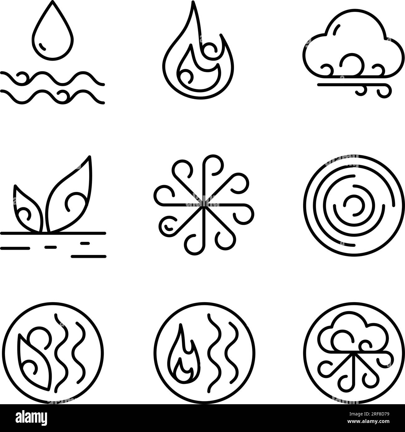 Elementi ayurvedici insieme di icone acqua, fuoco, aria, terra ed etere. Icone ayurvediche vettoriali in stile lineare sottile. Simboli degli elementi per l'infog ayurvedico Illustrazione Vettoriale