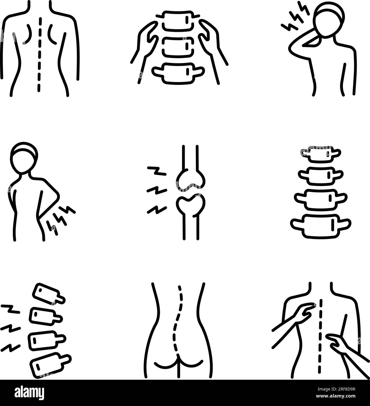 Set di icone della linea di chiropratica, collezione di chiropratica, grafica vettoriale, illustrazioni dei logo, icone dei vettori di terapia fisica, segni di contorno dei chiropratici Illustrazione Vettoriale