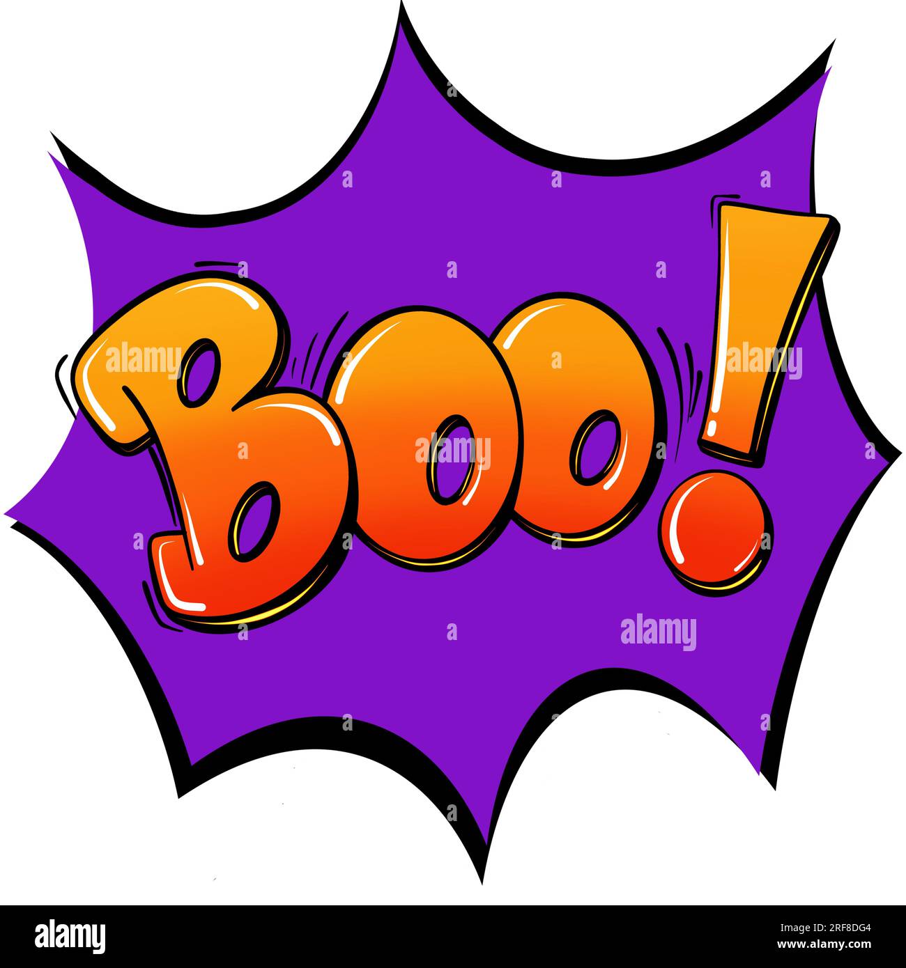 Illustrazione della clip art di Halloween con la parola Boo in lettere gialle/arancioni su sfondo viola Foto Stock
