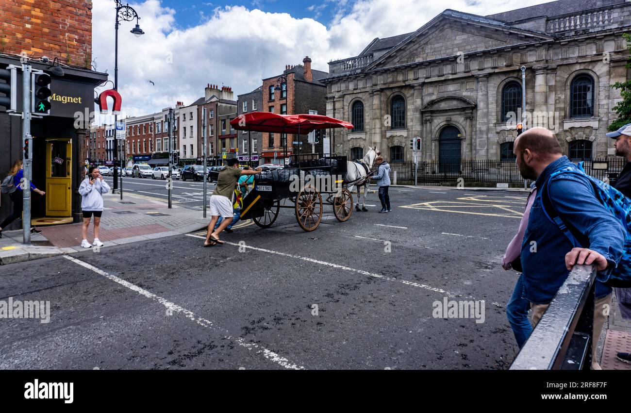 Nella storica Thomas St. Di Dublino, un arazzo di compassione si svolge mentre la gente del posto si unisce, spingendo un cavallo reticente e una carrozza con risoluta determinazione. Foto Stock