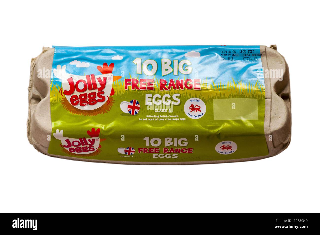 Scatola di uova Jolly 10 uova Big Free Range classe A British Lion Quality isolato su fondo bianco - scatola di uova chiusa Foto Stock