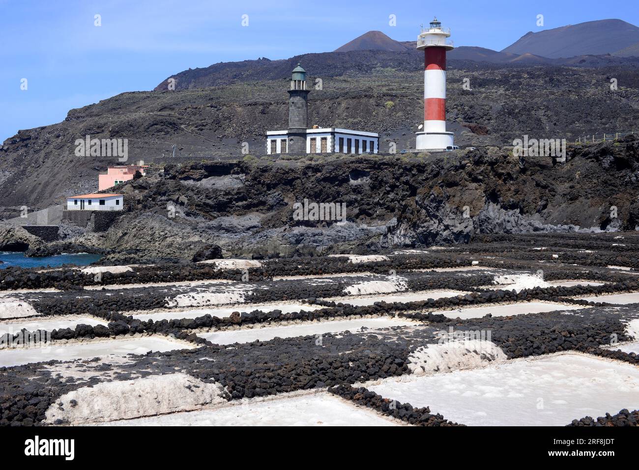 Stagni per evaporazione del sale, saline o saline sono stagni artificiali pronti per l'estrazione dei sali per l'evaporazione dell'acqua. Salinas de Fuencaliente, la Palma è Foto Stock