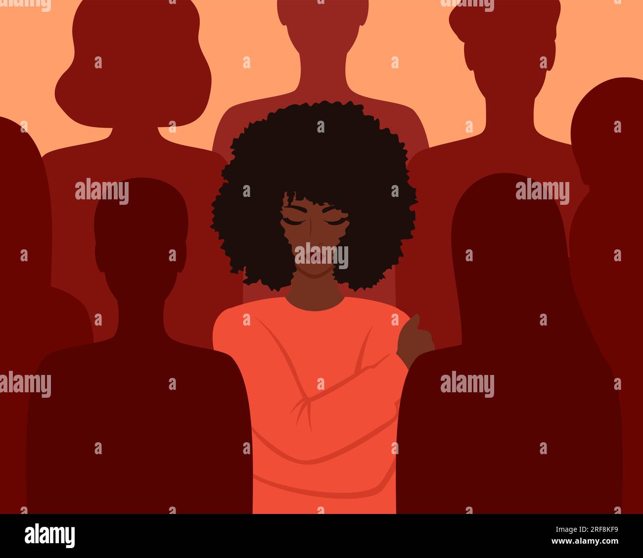 Una donna nera che si abbraccia tra le silhouette delle persone. Solitudine in una folla. Illustrazione vettoriale in stile piatto Illustrazione Vettoriale