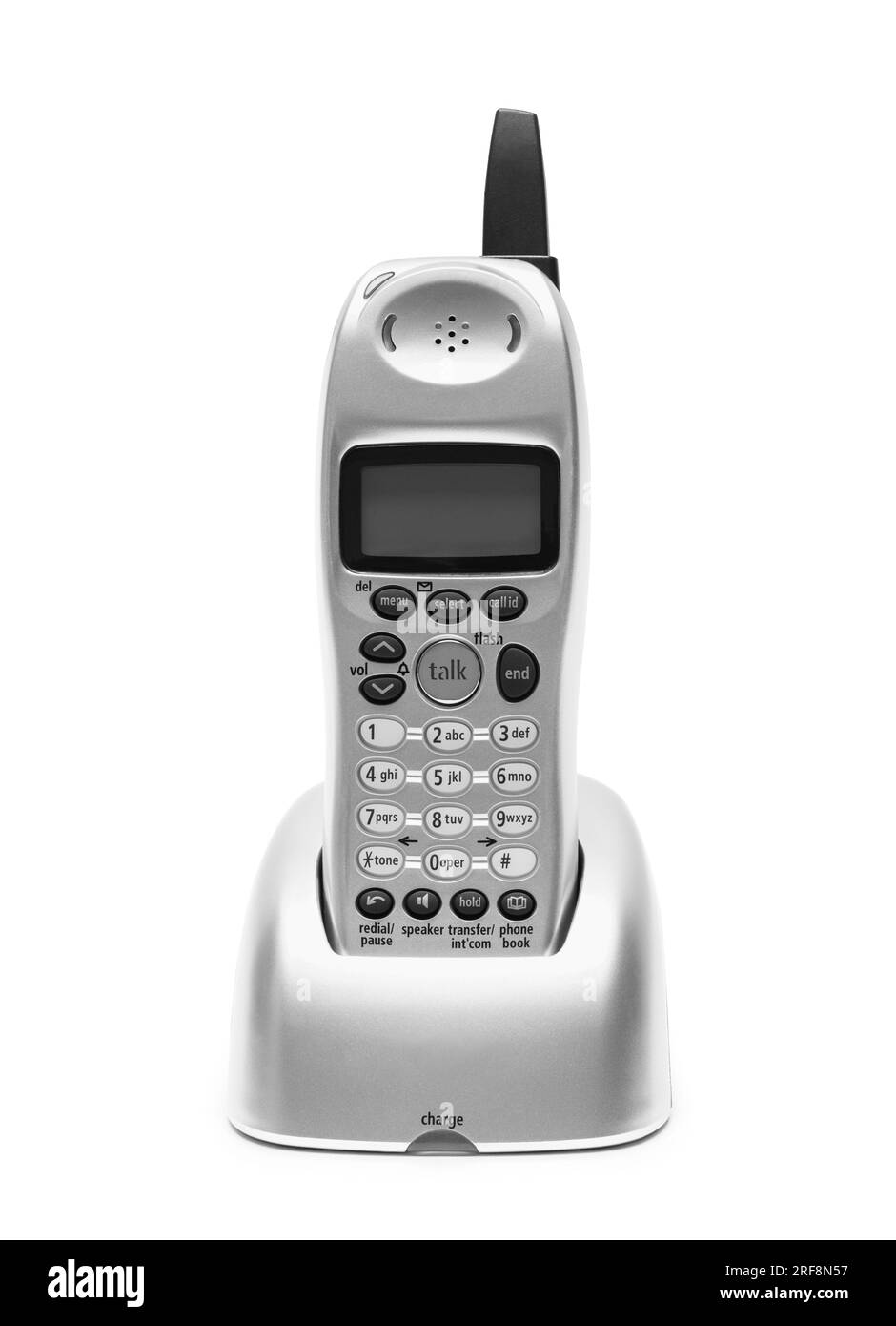 Telefono domestico grigio disattivato su bianco. Foto Stock