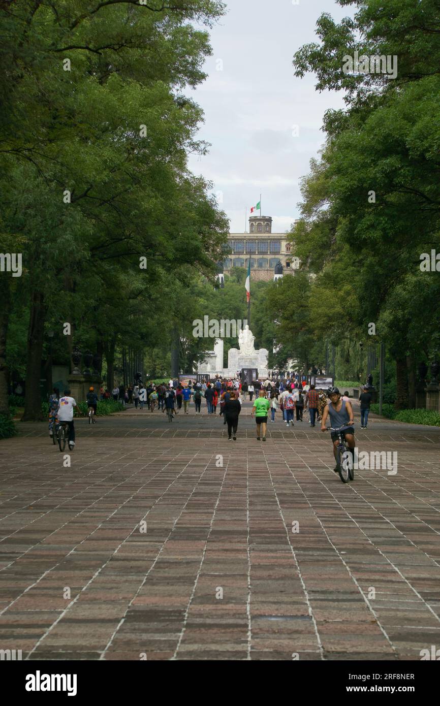 Persone che corrono, camminano e vanno in bicicletta nella foresta di Chapultepec a città del Messico Foto Stock