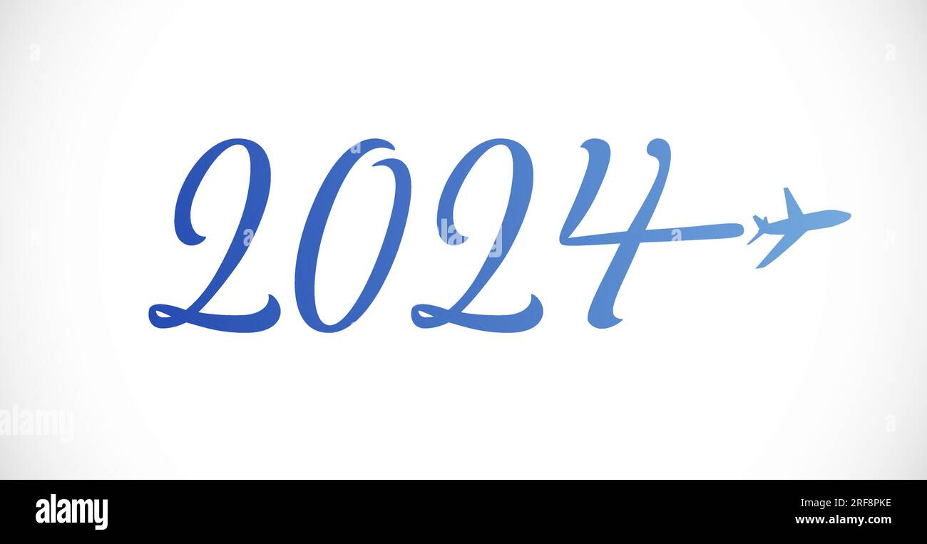 Buon anno 2024 logotipo dell'azienda di viaggi. Design tipografico creativo con piano blu. Simbolo del viaggio di lavoro 2024. Idea del titolo del calendario. Internet ico Illustrazione Vettoriale