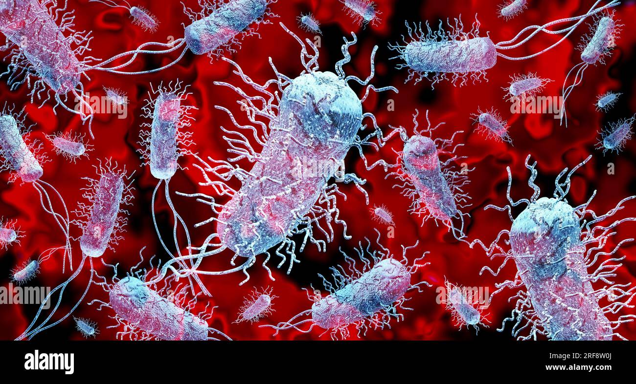 Sfondo batterico e concetto di malattia da infezione batterica come concetto di batteriologia e microbiologia o biotecnologia come cellule infettive che causano Foto Stock