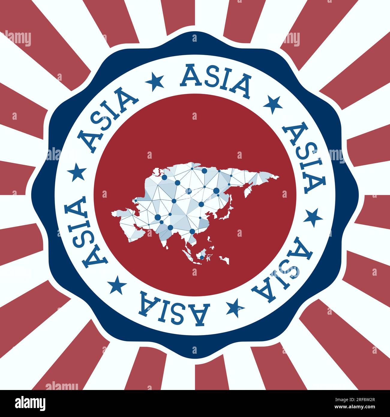 Asia Badge. Logo rotondo del continente con mappa triangolare a maglie e raggi radiali. Vettore EPS10. Illustrazione Vettoriale