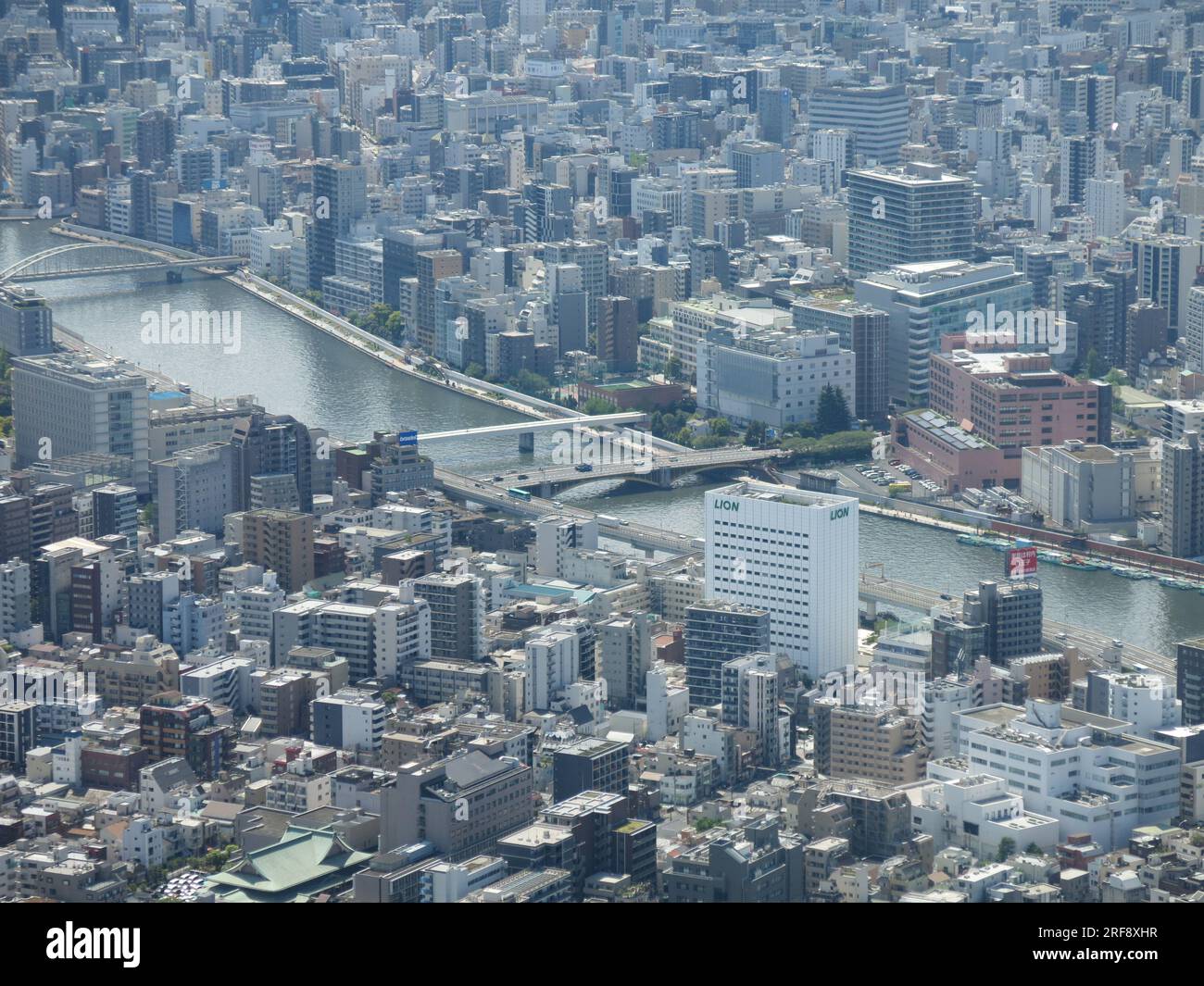 Una vista a volo d'uccello da uno dei ponti dell'osservatorio del Tokyo Skytree mostra il fiume Sumida che attraversa la città e la densità di edifici. Foto Stock