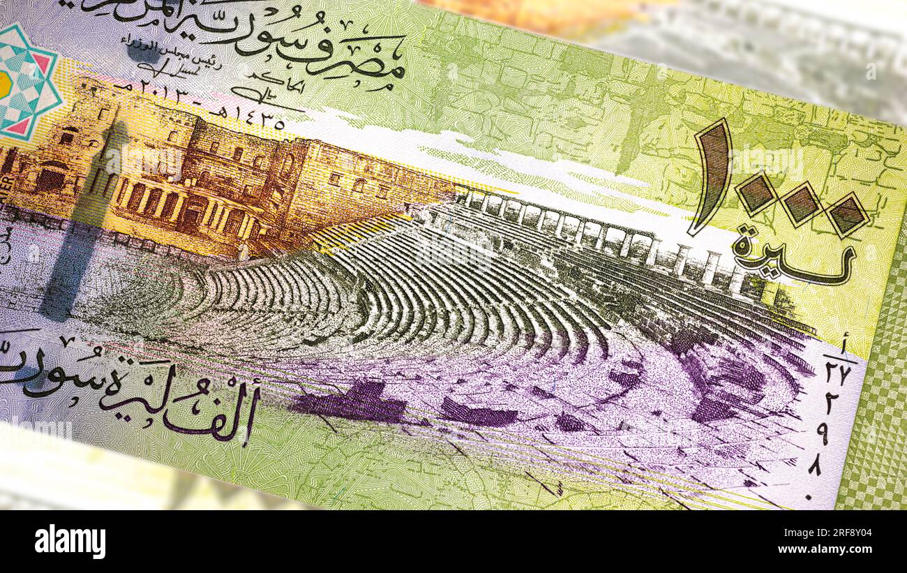 Un primo piano di una banconota siriana da 1000 sterline rivela un'arte e un design complessi. In mezzo ai tumulti del paese, mostra monumenti storici, simboli Foto Stock
