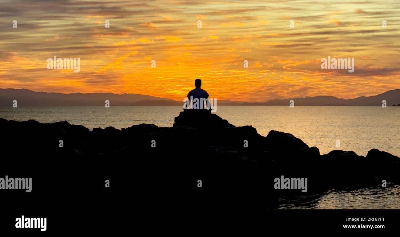 L'uomo guarda all'orizzonte e riflette sul cambiamento climatico Foto Stock