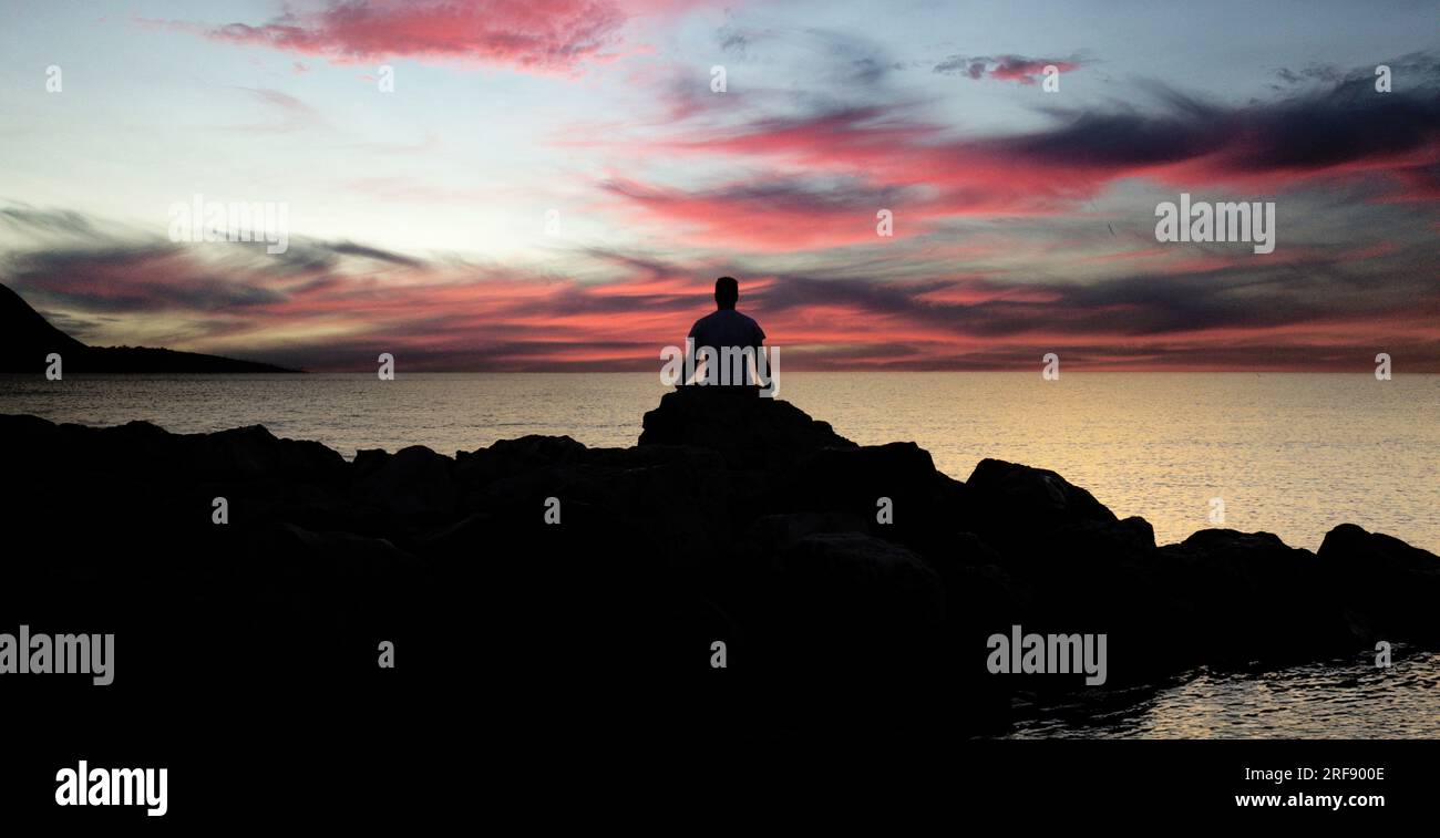 L'uomo guarda all'orizzonte e riflette sul cambiamento climatico Foto Stock