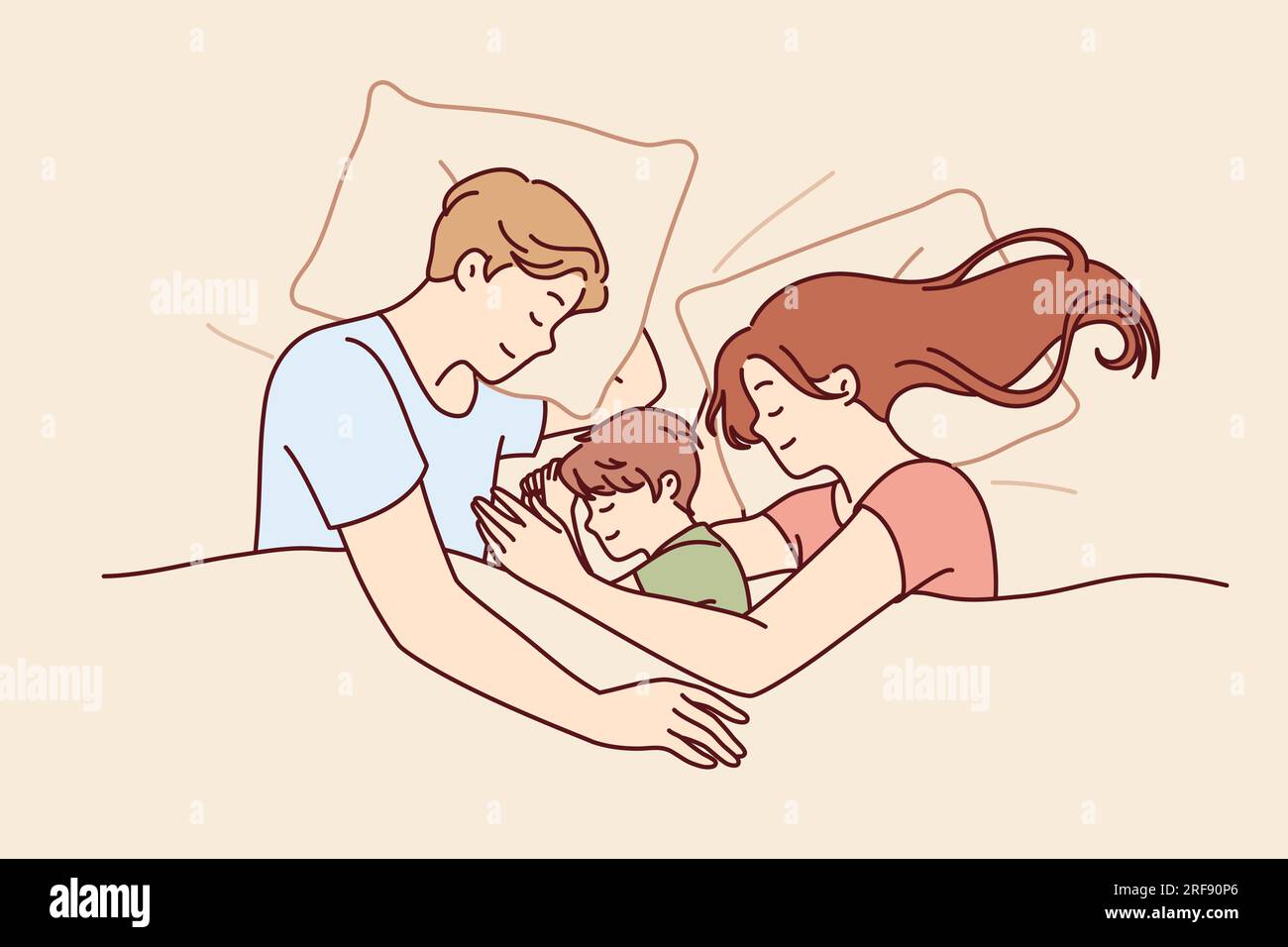 Coppia di famiglia felice con bambino dorme a letto e sorride godendo di un sonno sano e rigenerando la forza dopo un duro lavoro. Famiglia di uomini e donne che abbracciano il figlio addormentato, sdraiati sotto coperta Illustrazione Vettoriale