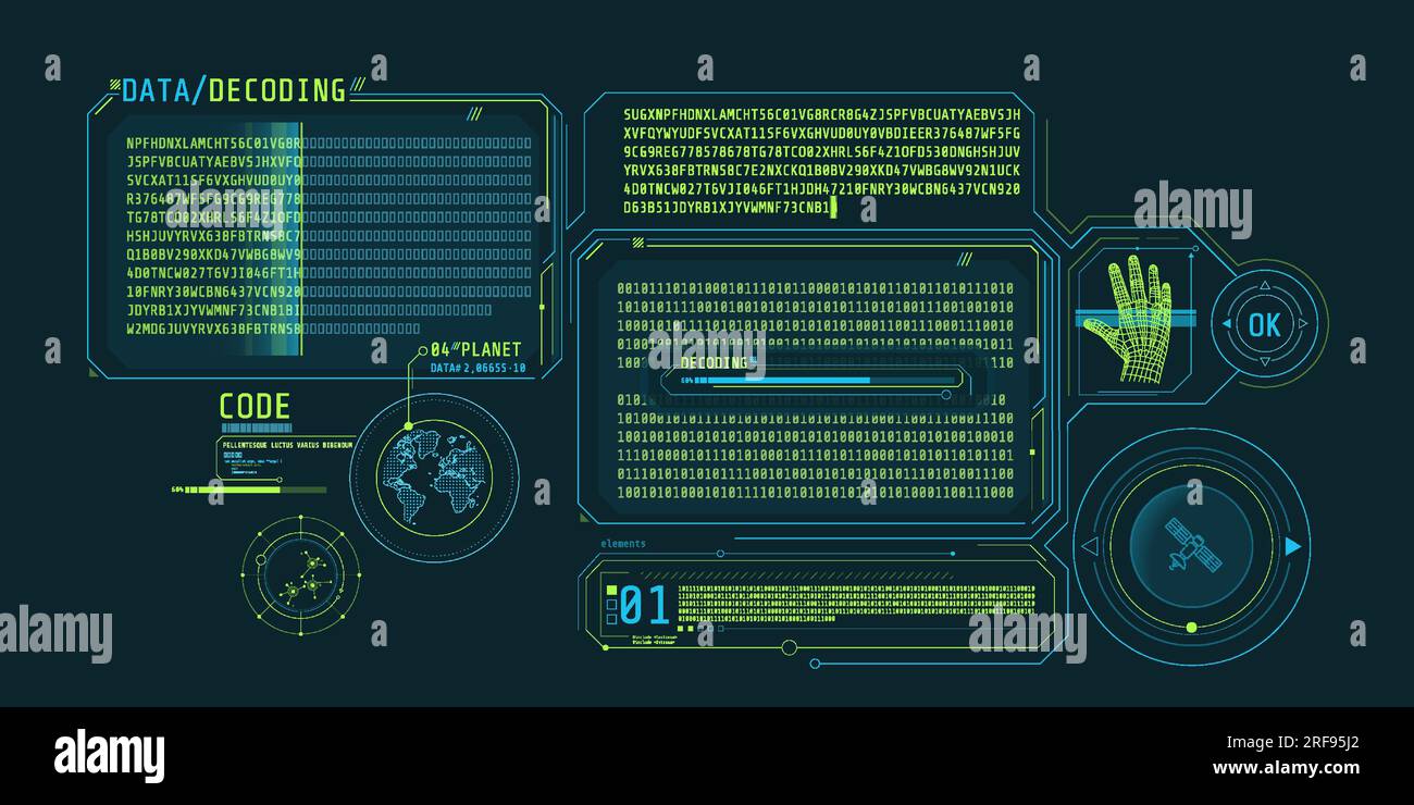 Design dell'interfaccia HUD per la decodifica dei dati satellitari. Illustrazione Vettoriale