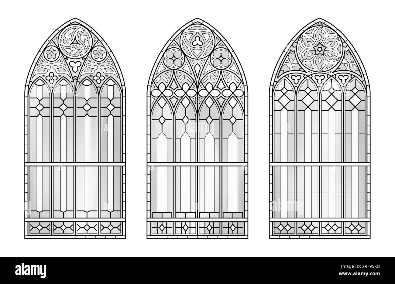 Finestre di vetro della chiesa. Tre cornici cattoliche in bianco e nero. Illustrazione Vettoriale