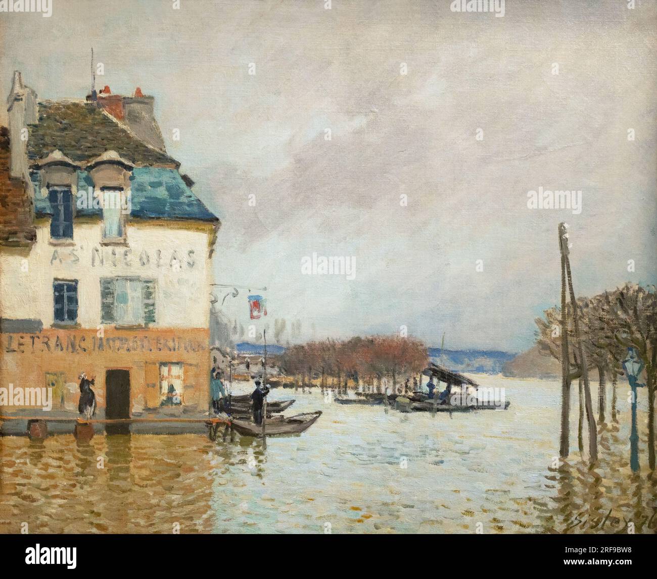 Pittura di Alfred Sisley; pendente la Barque l'inondation a Port-Marly (la barca durante l'alluvione a Port-Marly),1876; olio su tela; arte impressionista. Foto Stock