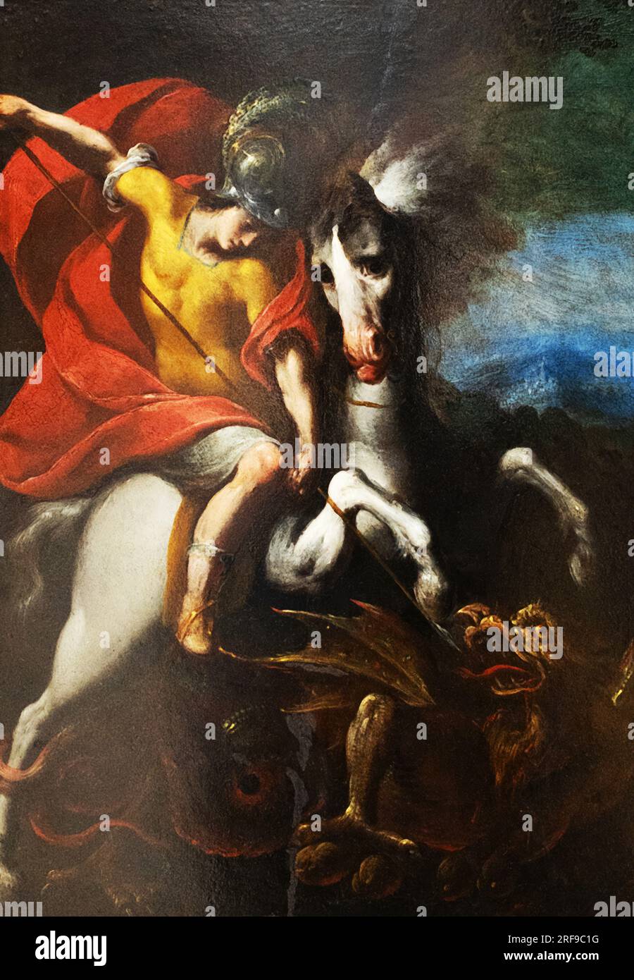 Pittura Melchiorre Gherardini; San Giorgio che combatte il drago; pittore italiano del XVII secolo, 1607-1668, noto anche come Ceranino in Italia Foto Stock