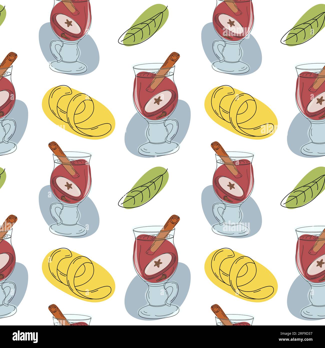 Modello senza cuciture di VIN brulé con bastoncino di cannella, fetta di mela, scorza di limone, foglie verdi e macchie in tonalità trendy. Vettore. EPS. Isolare. Design per poster, striscioni, involucri o sfondi, brochure Illustrazione Vettoriale