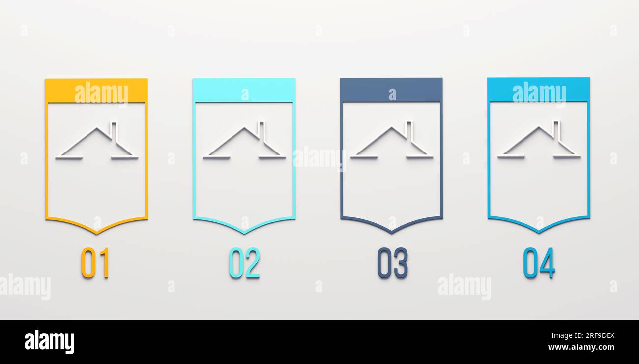 Un set versatile di loghi infografici con tetti bianchi lineari all'interno di frecce circolari colorate, perfetti per gli immobili e le costruzioni Foto Stock