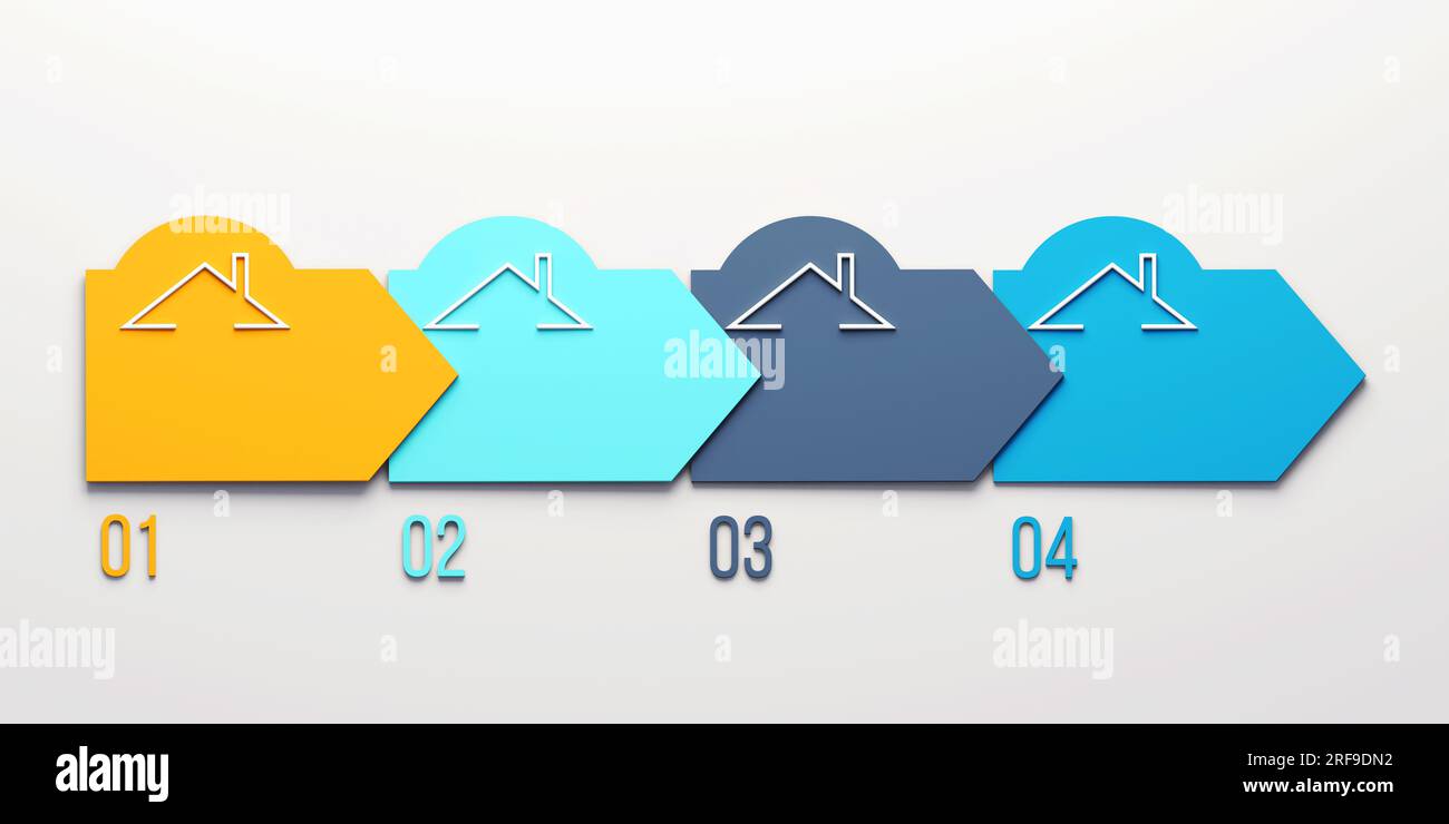 Un set versatile di loghi infografici con tetti bianchi lineari all'interno di frecce circolari colorate, perfetti per gli immobili e le costruzioni Foto Stock
