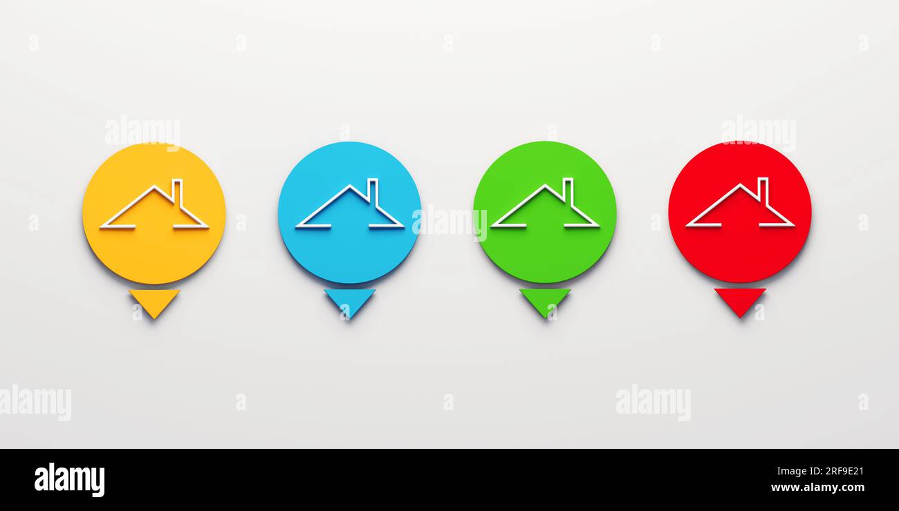 Un set versatile di loghi infografici con tetti bianchi lineari all'interno di frecce circolari colorate, perfetti per gli immobili e le costruzioni Foto Stock
