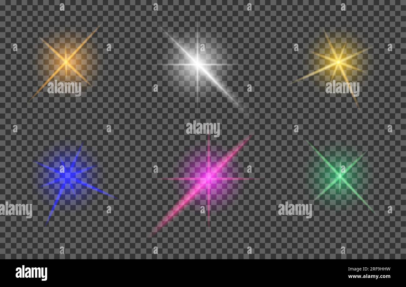 Set di riflessi realistici, evidenziazione. Collezione di brillanti brillanti lenti. Effetti di luce del flash. Stelle brillanti glitter d'argento, brillanti Illustrazione Vettoriale