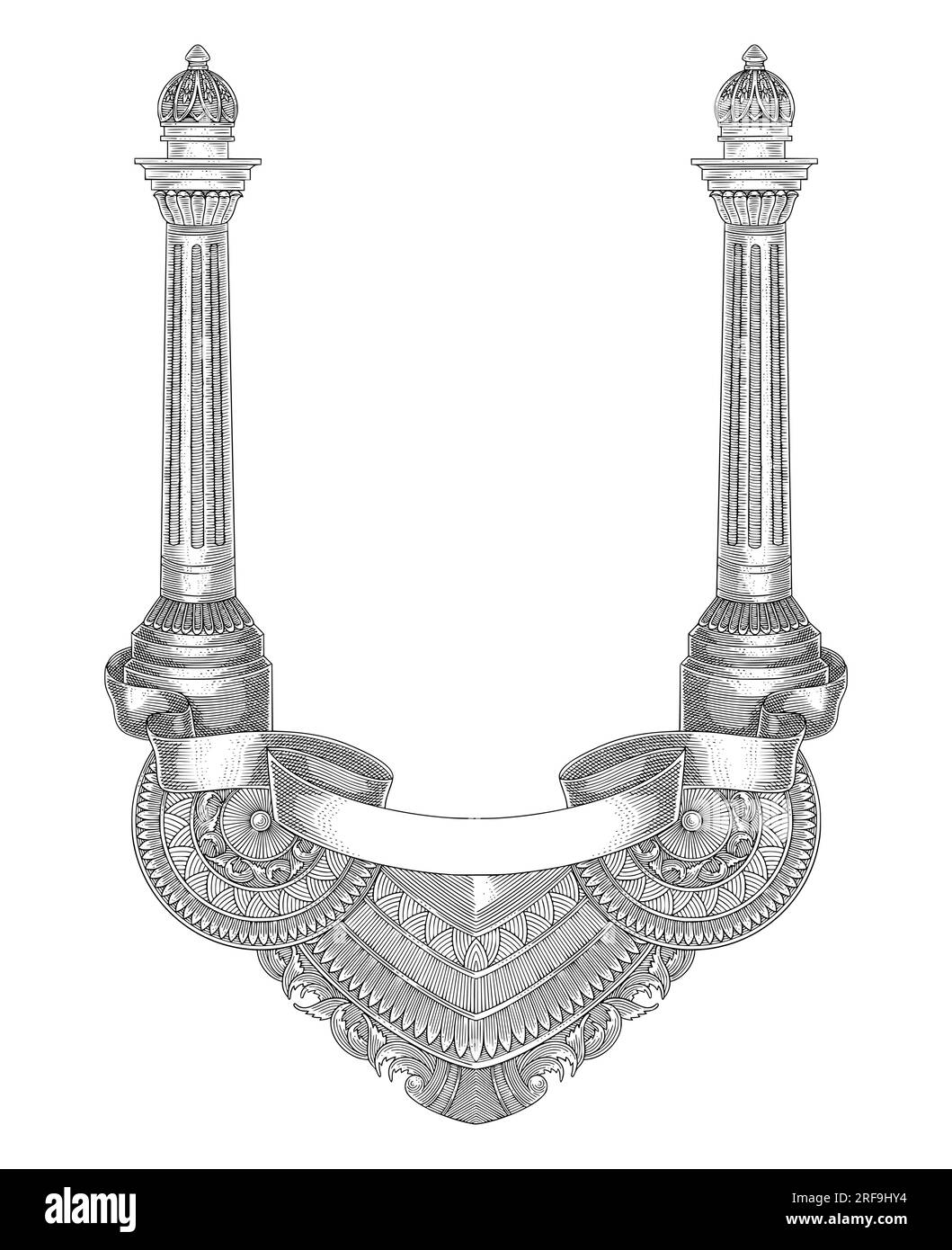 antica struttura a colonna romana con banner e ornamenti. Illustrazione vettoriale in stile disegno per incisioni vintage Illustrazione Vettoriale