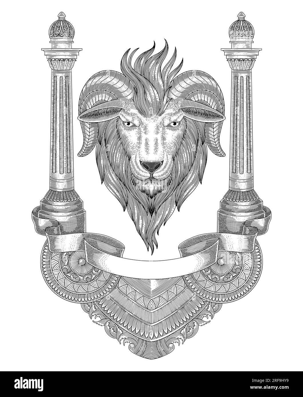 Testa di capra con antica struttura a colonna romana. Illustrazione vettoriale in stile disegno per incisioni vintage Illustrazione Vettoriale