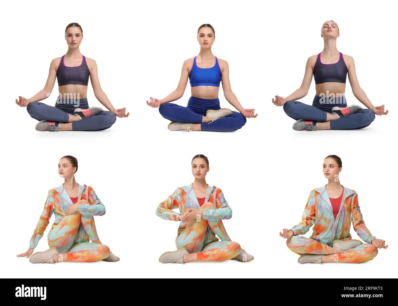 Giovane donna che pratica yoga su sfondo bianco. Collage con diverse asana Foto Stock