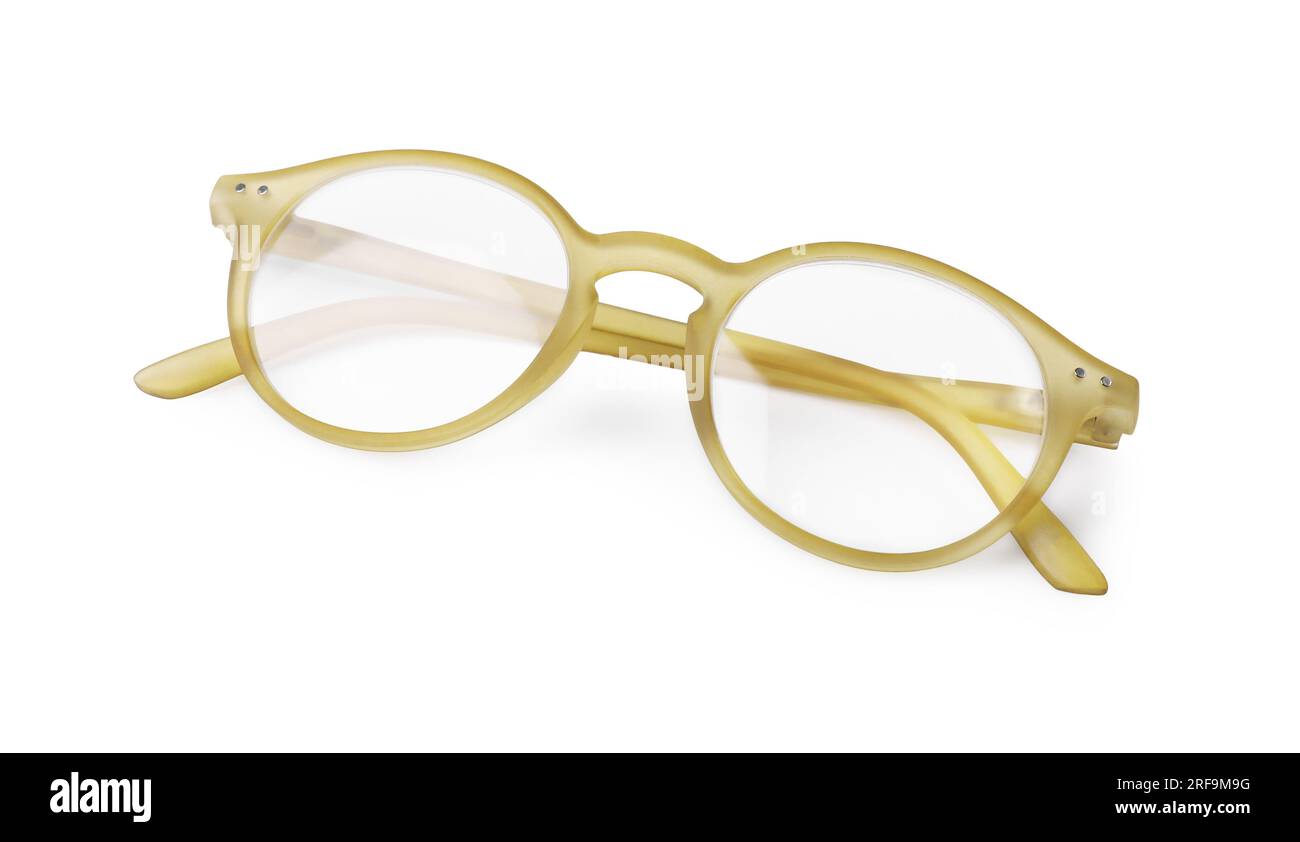Occhiali con lenti correttive su sfondo bianco Foto Stock