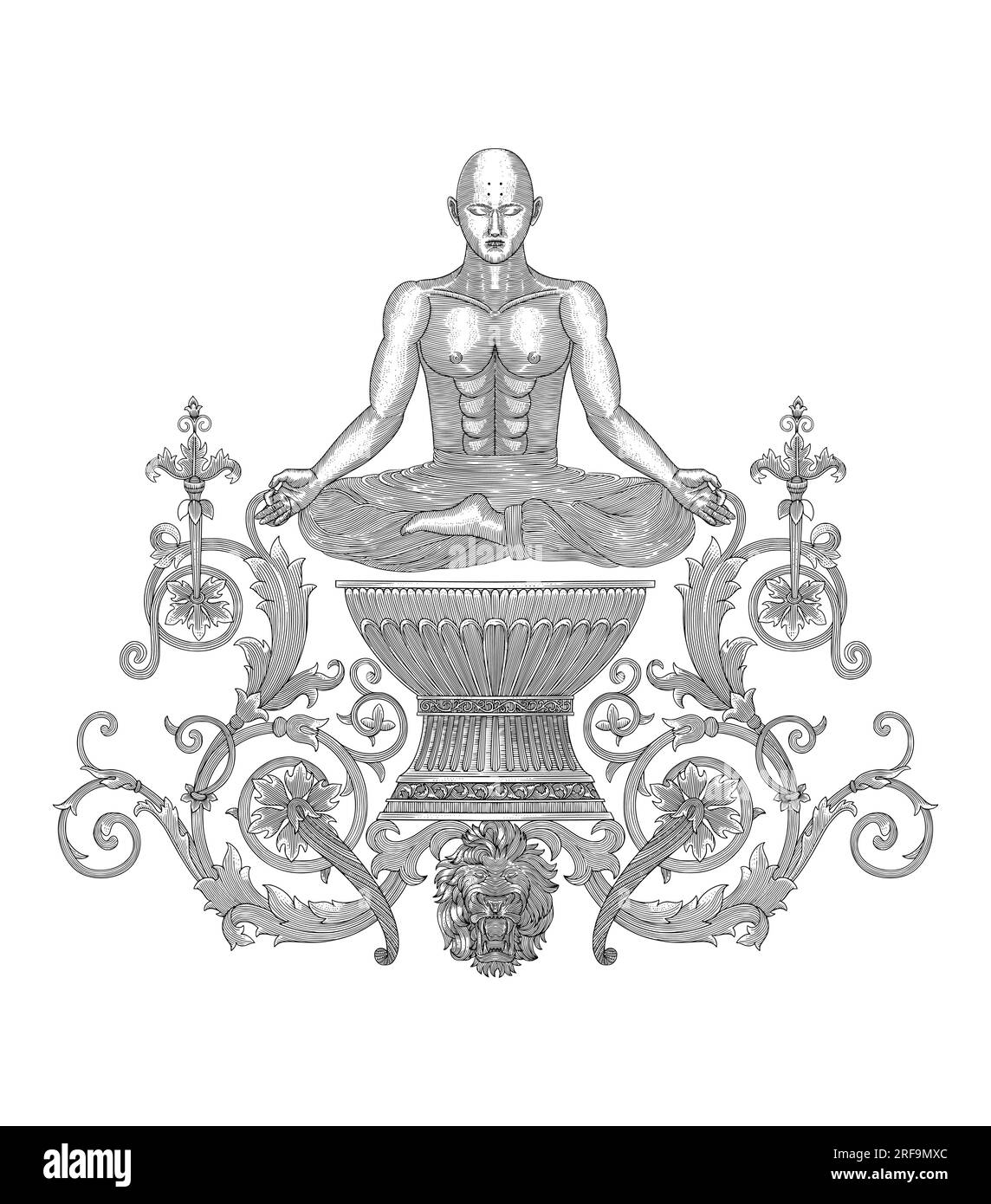 Meditazione dei monaci buddisti su un vaso antico con ornamentali floreali e leoni. illustrazione in stile disegno con incisione vintage Illustrazione Vettoriale