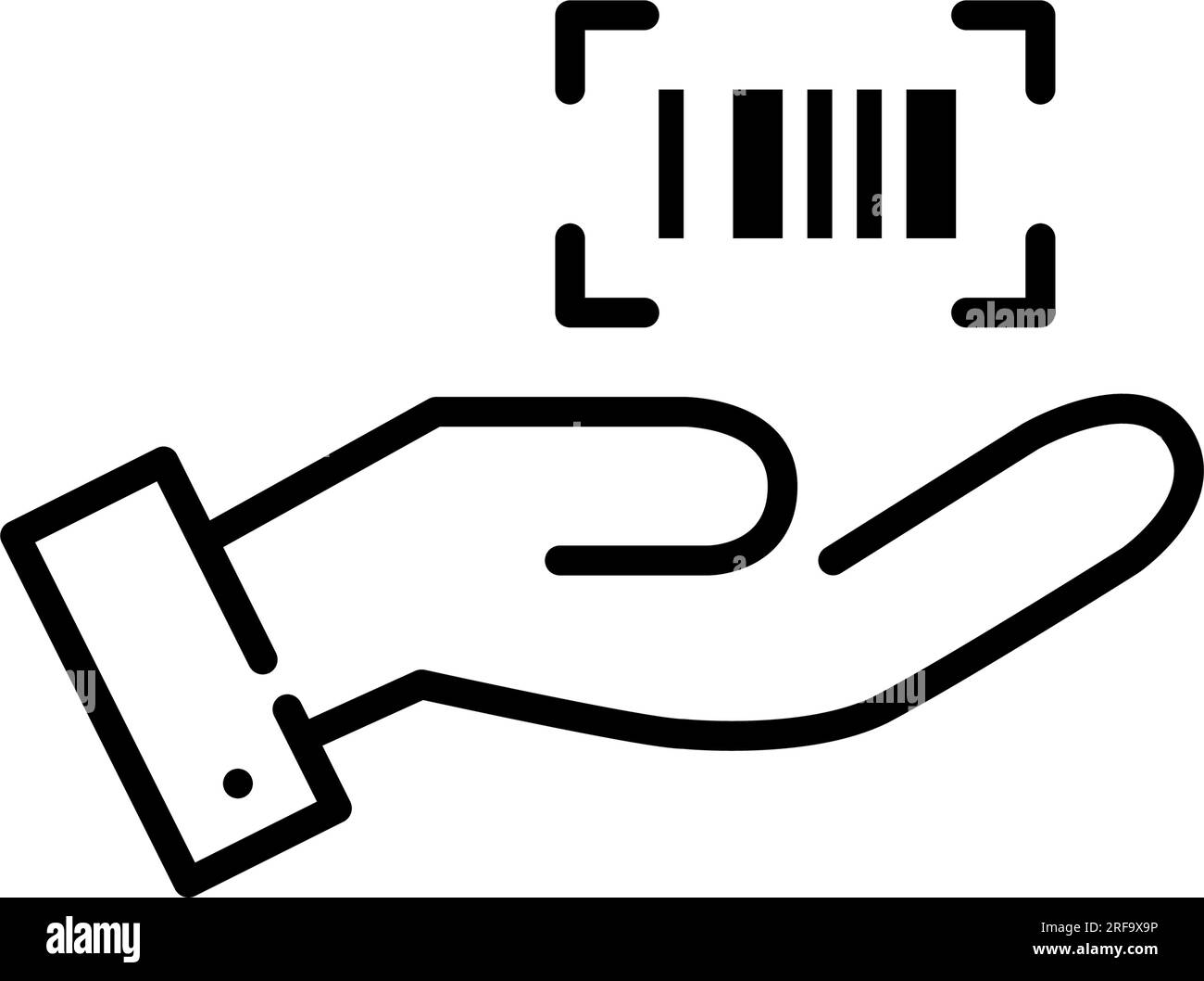 Mano che tiene un codice a barre. Informazioni sull'ID prodotto. Scansione dei prodotti presso il punto vendita per individuare il numero di serie o il prezzo di listino. Icona pixel Perfect, traccia modificabile Illustrazione Vettoriale