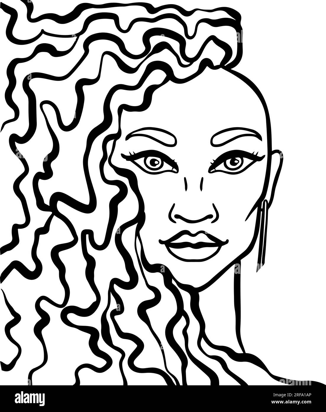 Doodle Girl disegnata a mano con capelli lunghi e orecchini Illustrazione Vettoriale