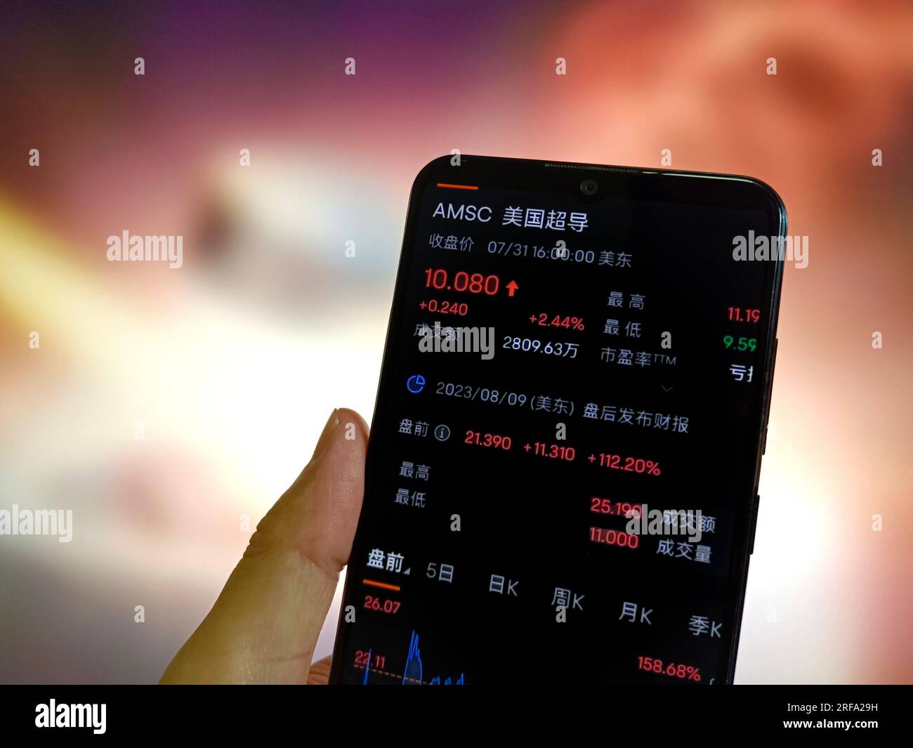 SUQIAN, CINA - 2 AGOSTO 2023 - illustrazione AMSC stock price surge, 2 agosto 2023, Suqian, provincia di Jiangsu, Cina. Foto Stock